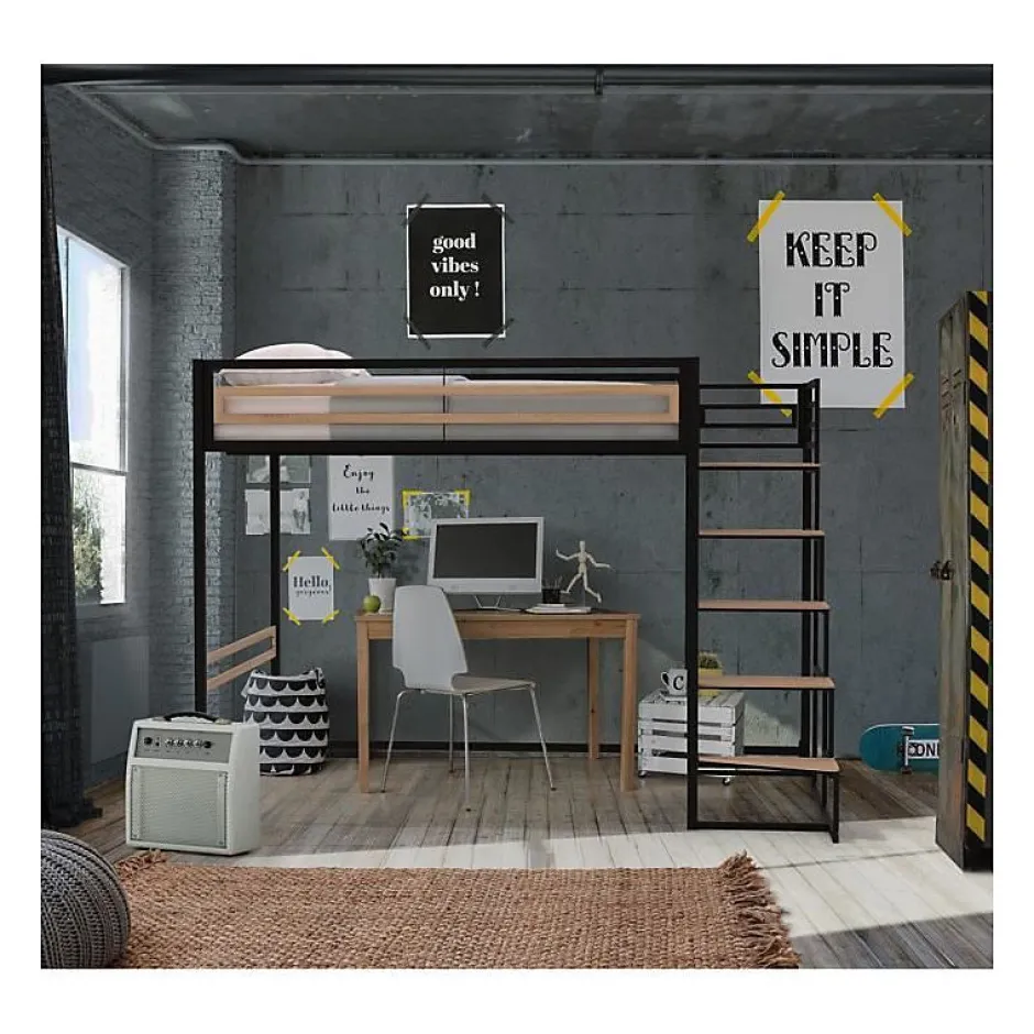 Generic Lit mezzanine - 140x190 cm - Métal - Noir - Sommier inclus - LEON