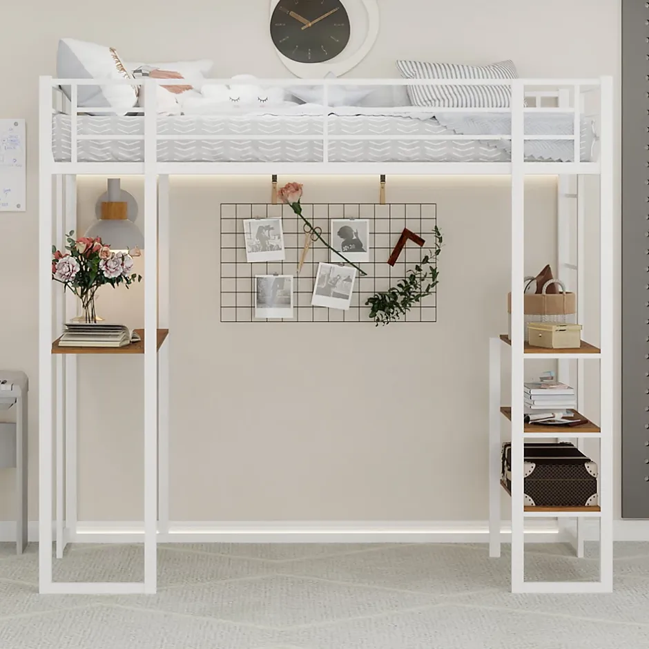 Okwish Lit Mezzanine Ado 90x190 cm - avec Bureau et Échelle Montable Gauche Droite, Garde-Corps, Structure en Métal, sans Matelas, Blanc Sale