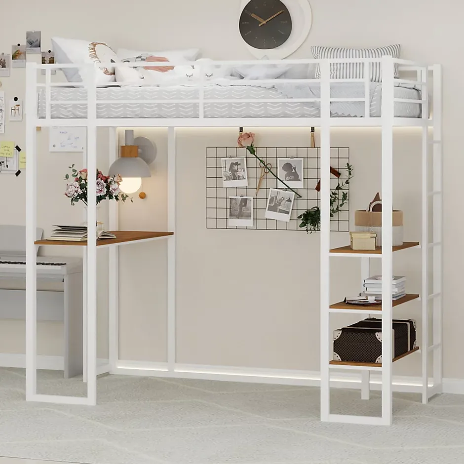 Okwish Lit Mezzanine Ado 90x190 cm - avec Bureau et Échelle Montable Gauche Droite, Garde-Corps, Structure en Métal, sans Matelas, Blanc Sale