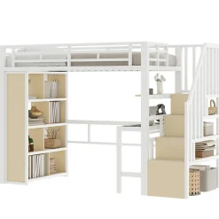 Okwish Lit Mezzanine Ado 90x200 cm - avec LED Intégrée, Bureau et Compartiment de Rangement - Escalier de Rangement - Métal + MDF - Blanc Hot