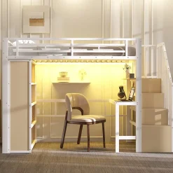 Okwish Lit Mezzanine Ado 90x200 cm - avec LED Intégrée, Bureau et Compartiment de Rangement - Escalier de Rangement - Métal + MDF - Blanc Hot