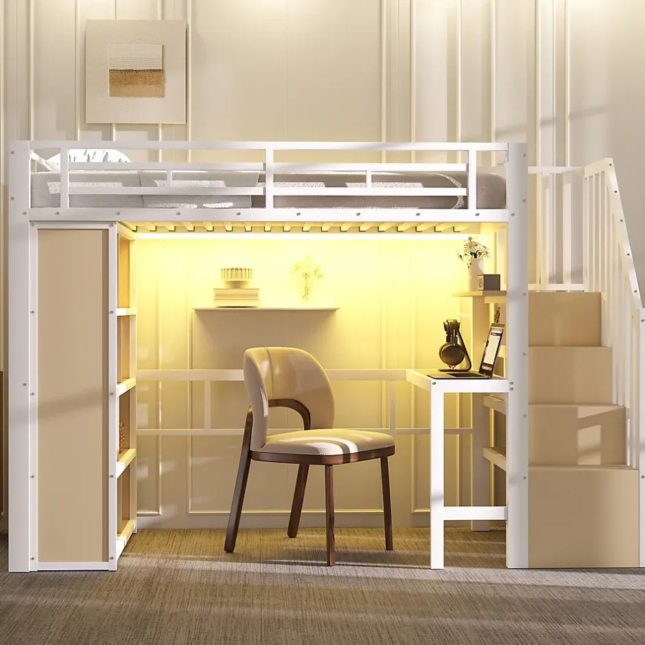 Okwish Lit Mezzanine Ado 90x200 cm - avec LED Intégrée, Bureau et Compartiment de Rangement - Escalier de Rangement - Métal + MDF - Blanc Hot