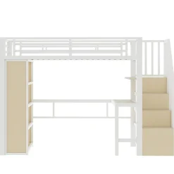 Okwish Lit Mezzanine Ado 90x200 cm - avec LED Intégrée, Bureau et Compartiment de Rangement - Escalier de Rangement - Métal + MDF - Blanc Hot