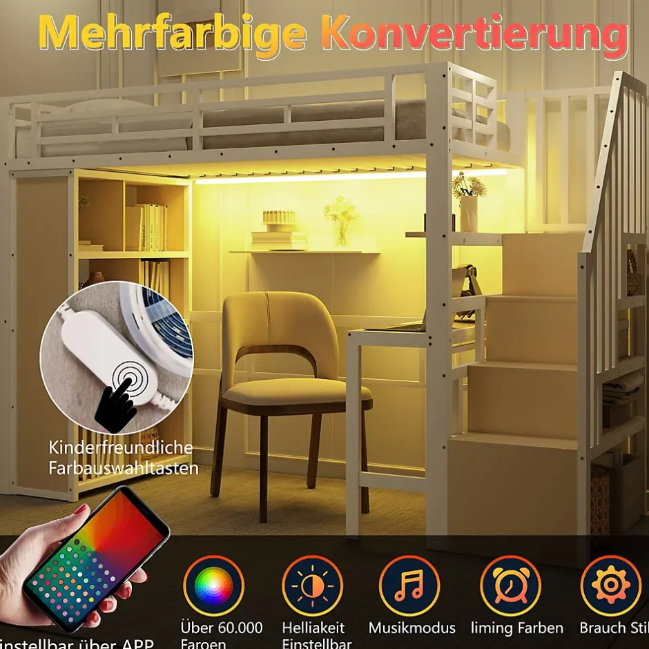 Okwish Lit Mezzanine Ado 90x200 cm - avec LED Intégrée, Bureau et Compartiment de Rangement - Escalier de Rangement - Métal + MDF - Blanc Hot
