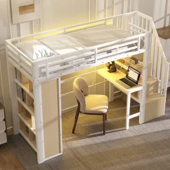 Okwish Lit Mezzanine Ado 90x200 cm - avec LED Intégrée, Bureau et Compartiment de Rangement - Escalier de Rangement - Métal + MDF - Blanc Hot