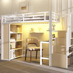 Okwish Lit Mezzanine Ado 90x200 cm - avec LED Intégrée, Bureau et Compartiment de Rangement - Escalier de Rangement - Métal + MDF - Blanc Hot