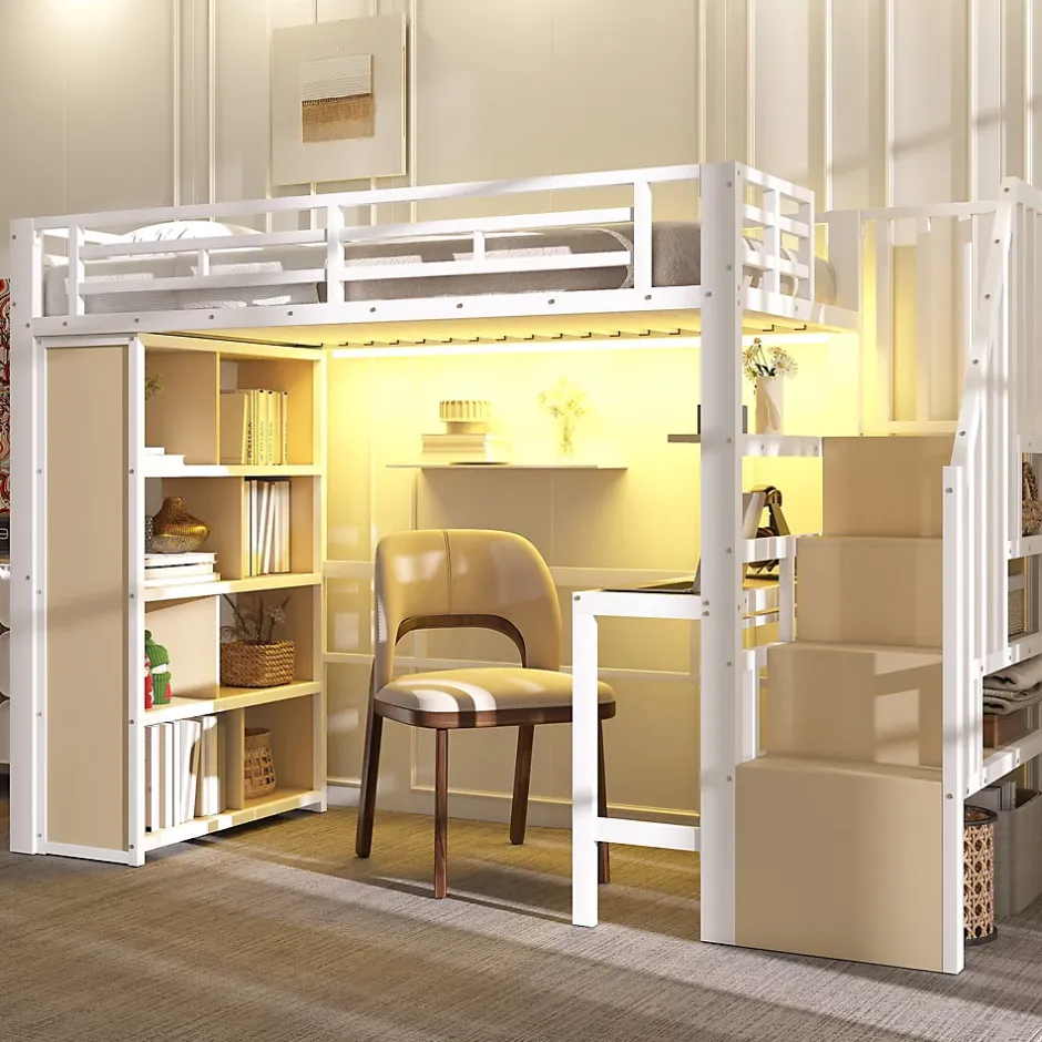 Okwish Lit Mezzanine Ado 90x200 cm - avec LED Intégrée, Bureau et Compartiment de Rangement - Escalier de Rangement - Métal + MDF - Blanc Hot