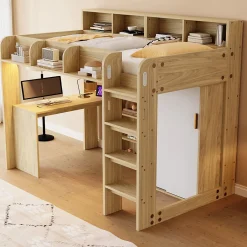 Okwish Lit Mezzanine Ado 90x200 cm - Bureau et Armoire Intégrés, LED et Prise Électrique - Sommier Inclus - Sans Matelas - Bois Naturel