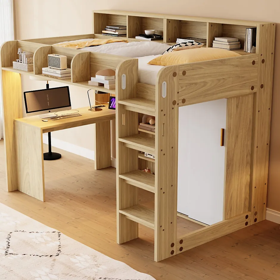 Okwish Lit Mezzanine Ado 90x200 cm - Bureau et Armoire Intégrés, LED et Prise Électrique - Sommier Inclus - Sans Matelas - Bois Naturel