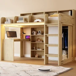 Okwish Lit Mezzanine Ado 90x200 cm - Bureau et Armoire Intégrés, LED et Prise Électrique - Sommier Inclus - Sans Matelas - Bois Naturel