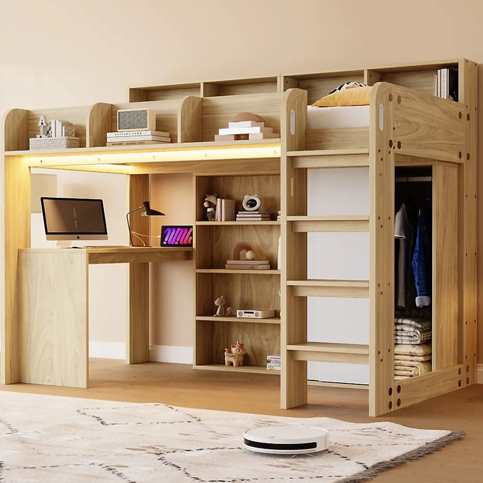 Okwish Lit Mezzanine Ado 90x200 cm - Bureau et Armoire Intégrés, LED et Prise Électrique - Sommier Inclus - Sans Matelas - Bois Naturel