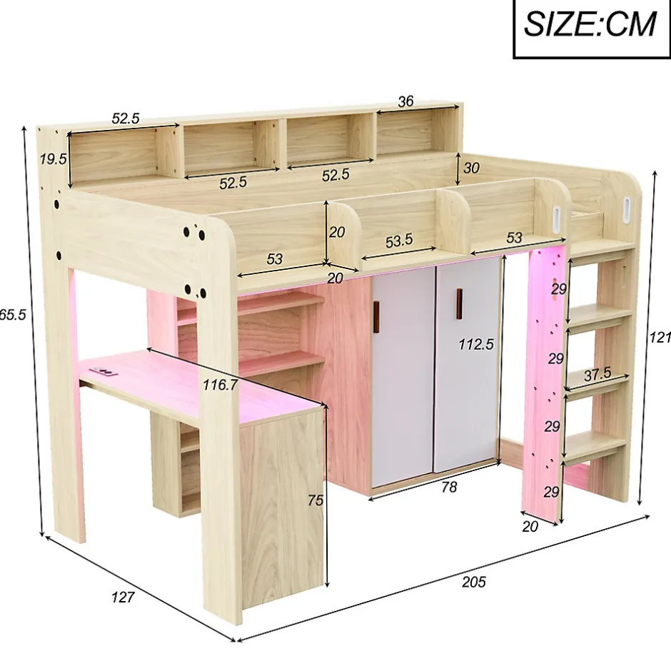 Okwish Lit Mezzanine Ado 90x200 cm - Bureau et Armoire Intégrés, LED et Prise Électrique - Sommier Inclus - Sans Matelas - Bois Naturel