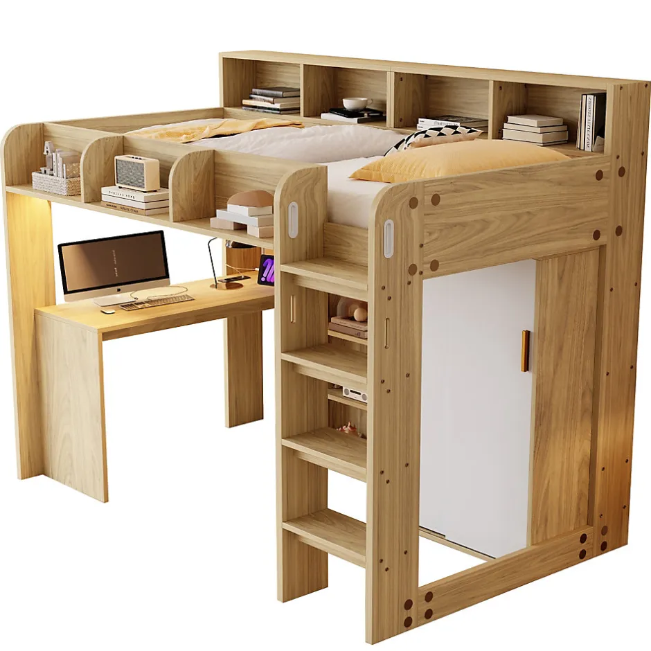 Okwish Lit Mezzanine Ado 90x200 cm - Bureau et Armoire Intégrés, LED et Prise Électrique - Sommier Inclus - Sans Matelas - Bois Naturel