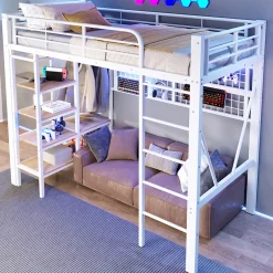 Okwish Lit Mezzanine Ado 90x200 cm - LED Intégrée, Étagères et Rangements avec Portant Vêtements, Structure Métal/MDF, Blanc