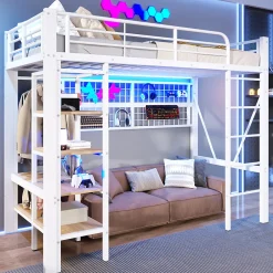 Okwish Lit Mezzanine Ado 90x200 cm - LED Intégrée, Étagères et Rangements avec Portant Vêtements, Structure Métal/MDF, Blanc