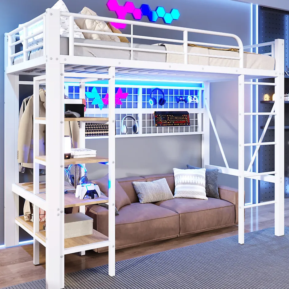 Okwish Lit Mezzanine Ado 90x200 cm - LED Intégrée, Étagères et Rangements avec Portant Vêtements, Structure Métal/MDF, Blanc