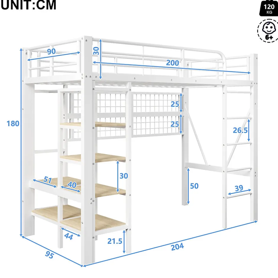 Okwish Lit Mezzanine Ado 90x200 cm - LED Intégrée, Étagères et Rangements avec Portant Vêtements, Structure Métal/MDF, Blanc