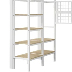 Okwish Lit Mezzanine Ado 90x200 cm - LED Intégrée, Étagères et Rangements avec Portant Vêtements, Structure Métal/MDF, Blanc