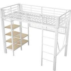 Okwish Lit Mezzanine Ado 90x200 cm - LED Intégrée, Étagères et Rangements avec Portant Vêtements, Structure Métal/MDF, Blanc