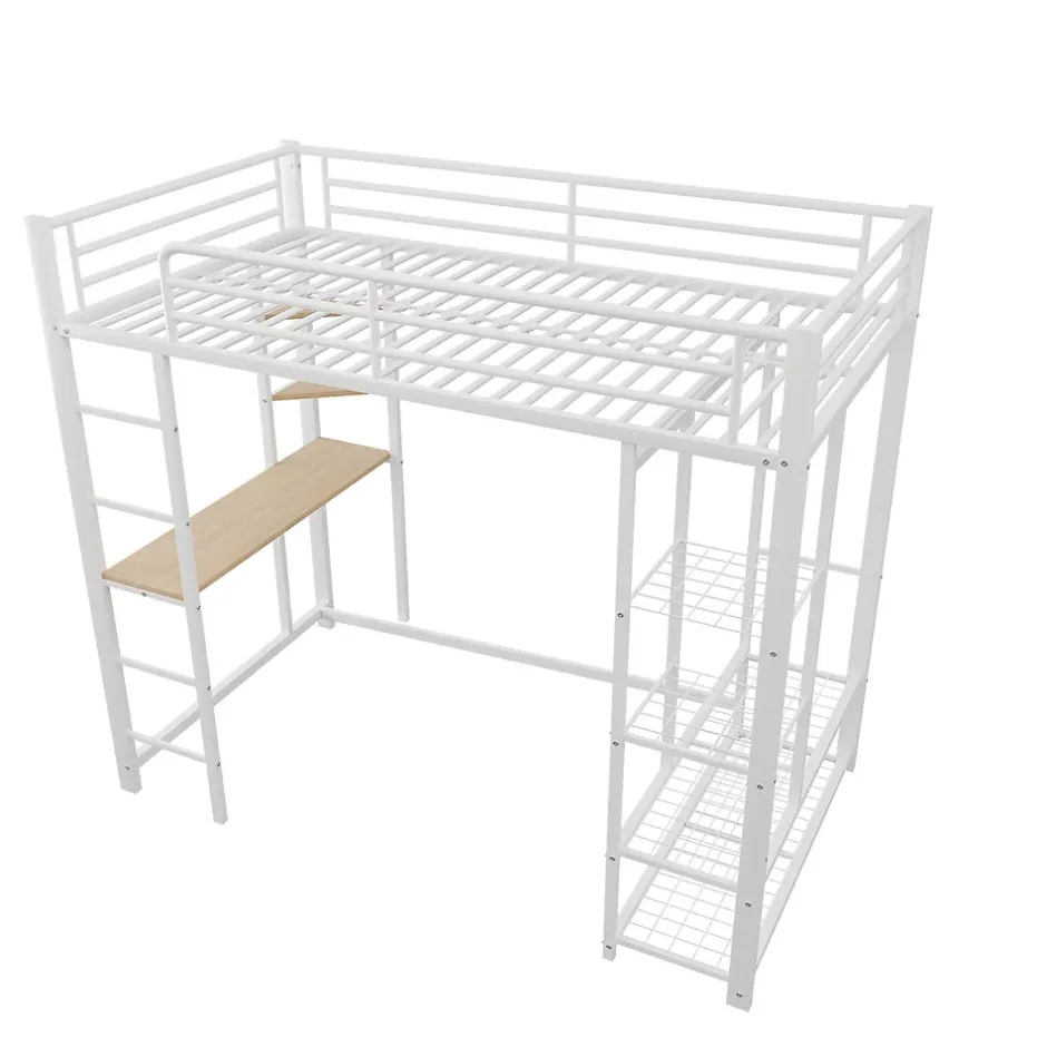 Okwish Lit mezzanine ado 90x200 cm avec bureau intégré, échelle et rangement pratique - structure métal et MDF robuste blanc Hot