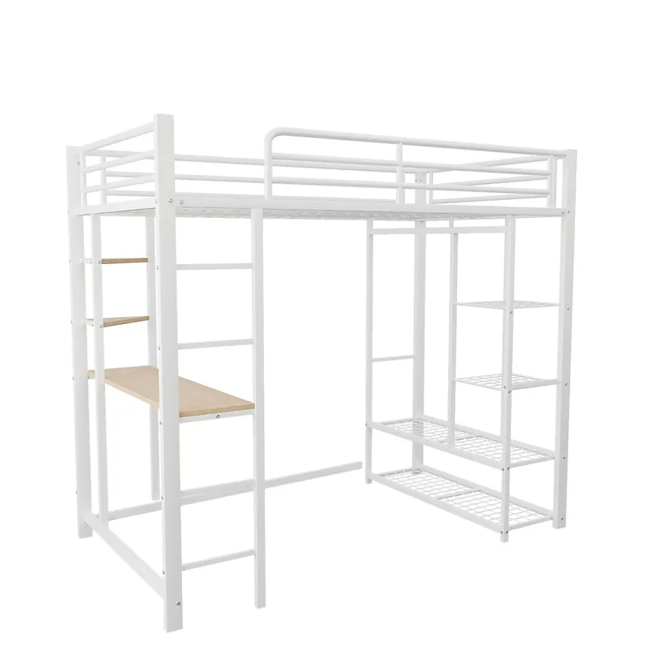 Okwish Lit mezzanine ado 90x200 cm avec bureau intégré, échelle et rangement pratique - structure métal et MDF robuste blanc Hot