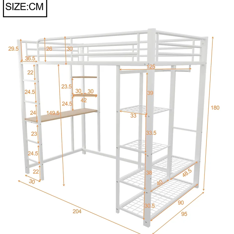 Okwish Lit mezzanine ado 90x200 cm avec bureau intégré, échelle et rangement pratique - structure métal et MDF robuste blanc Hot