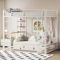 Okwish Lit mezzanine ado 90x200 cm avec bureau intégré, échelle et rangement pratique - structure métal et MDF robuste blanc Hot
