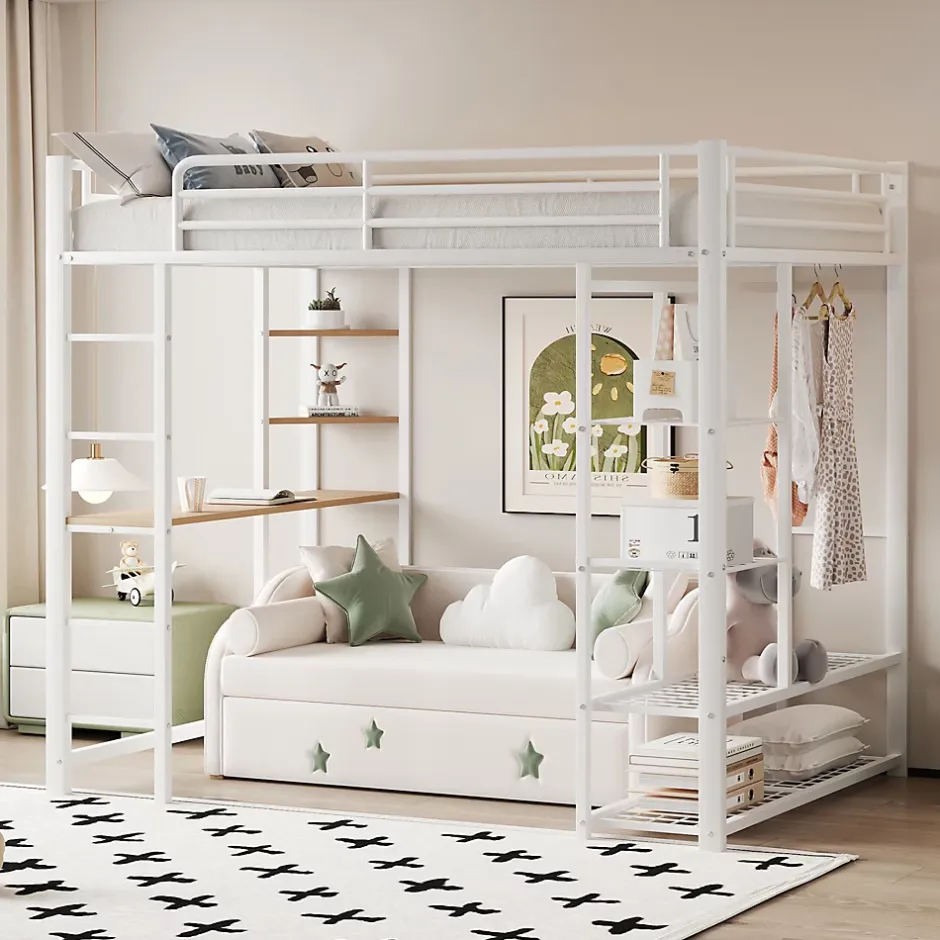 Okwish Lit mezzanine ado 90x200 cm avec bureau intégré, échelle et rangement pratique - structure métal et MDF robuste blanc Hot