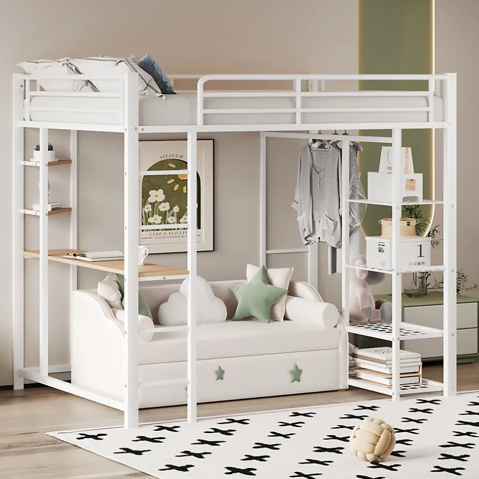 Okwish Lit mezzanine ado 90x200 cm avec bureau intégré, échelle et rangement pratique - structure métal et MDF robuste blanc Hot