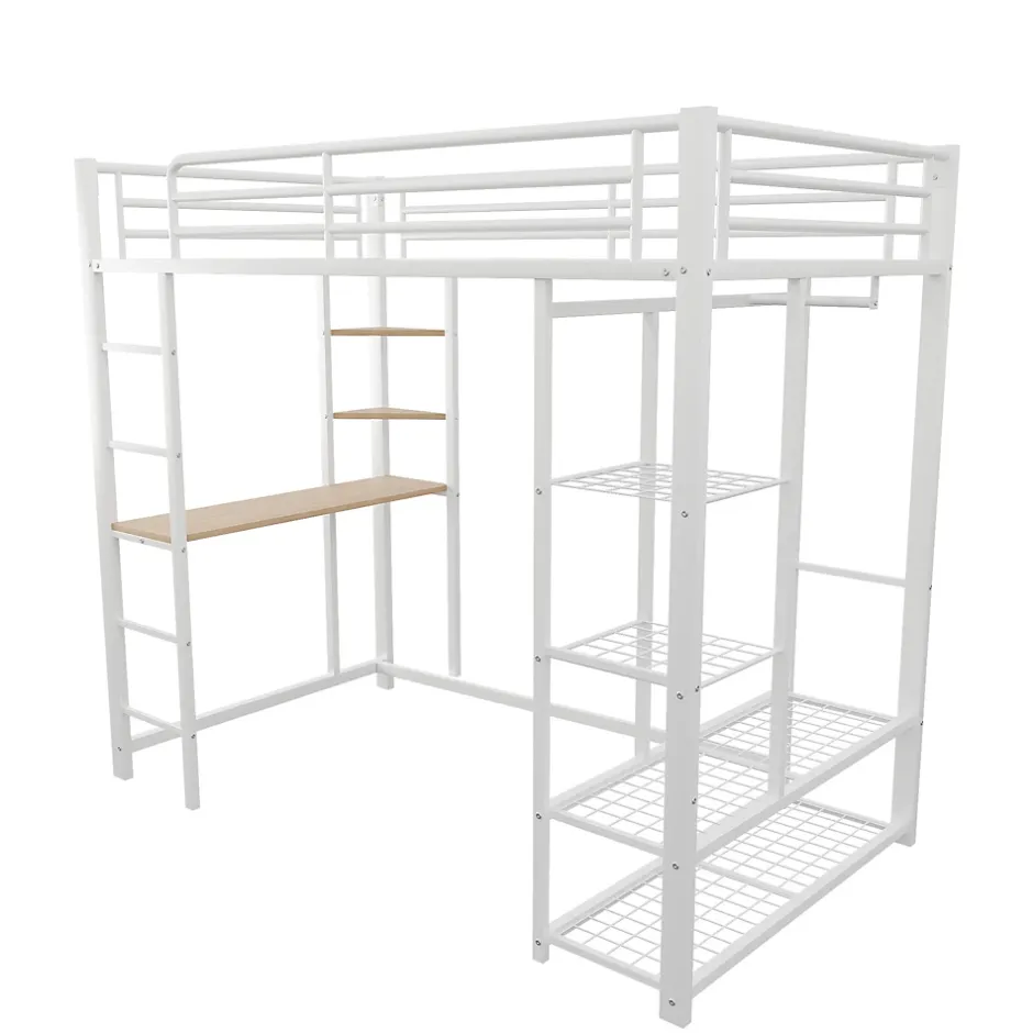Okwish Lit mezzanine ado 90x200 cm avec bureau intégré, échelle et rangement pratique - structure métal et MDF robuste blanc Hot