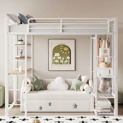 Okwish Lit mezzanine ado 90x200 cm avec bureau intégré, échelle et rangement pratique - structure métal et MDF robuste blanc Hot