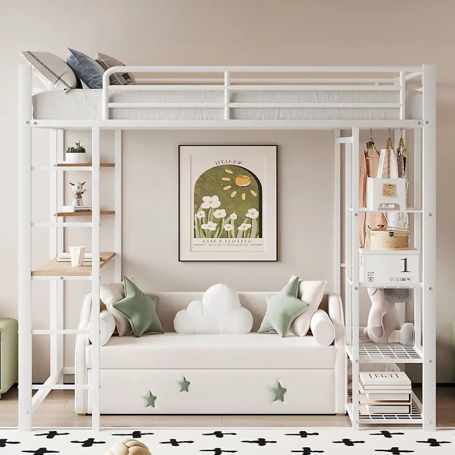 Okwish Lit mezzanine ado 90x200 cm avec bureau intégré, échelle et rangement pratique - structure métal et MDF robuste blanc Hot