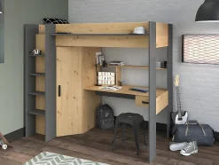 Vente-unique Lit mezzanine avec bureau et armoire - 90 x 200 cm - Coloris : Chêne et anthracite + matelas - AUCKLAND