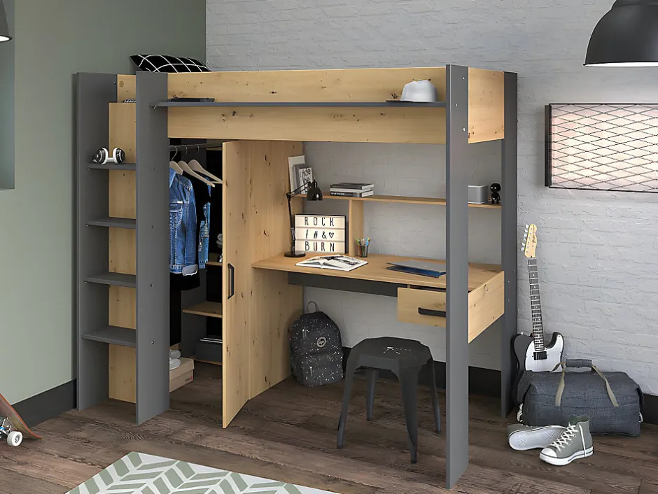 Vente-unique Lit mezzanine avec bureau et armoire - 90 x 200 cm - Coloris : Chêne et anthracite + matelas - AUCKLAND