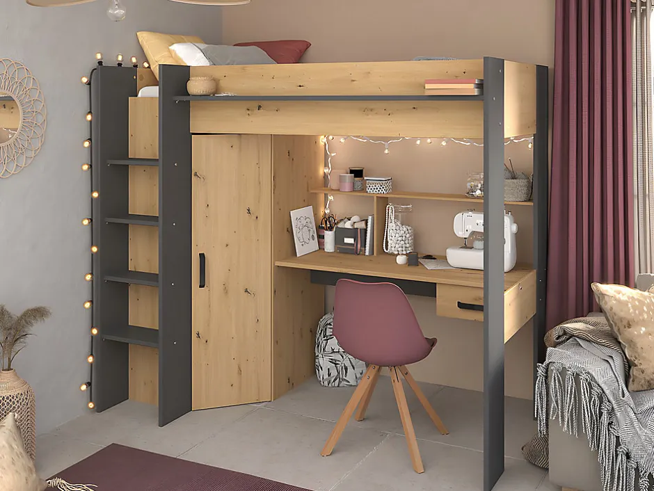 Vente-unique Lit mezzanine avec bureau et armoire - 90 x 200 cm - Coloris : Chêne et anthracite + matelas - AUCKLAND