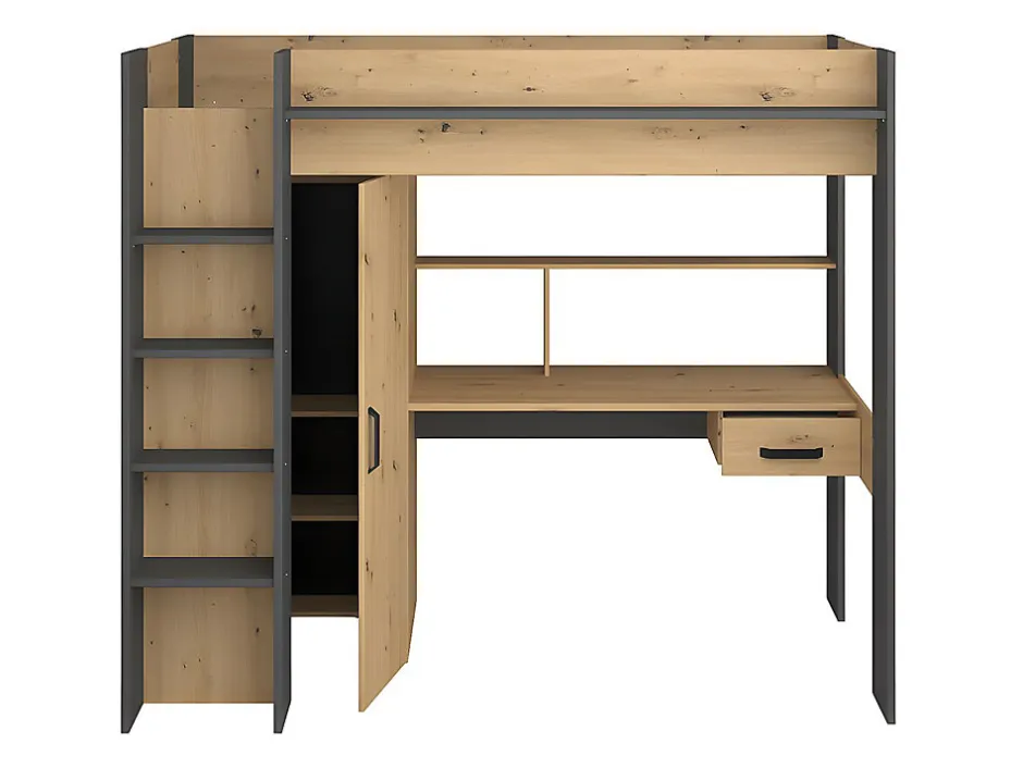 Vente-unique Lit mezzanine avec bureau et armoire - 90 x 200 cm - Coloris : Chêne et anthracite + matelas - AUCKLAND