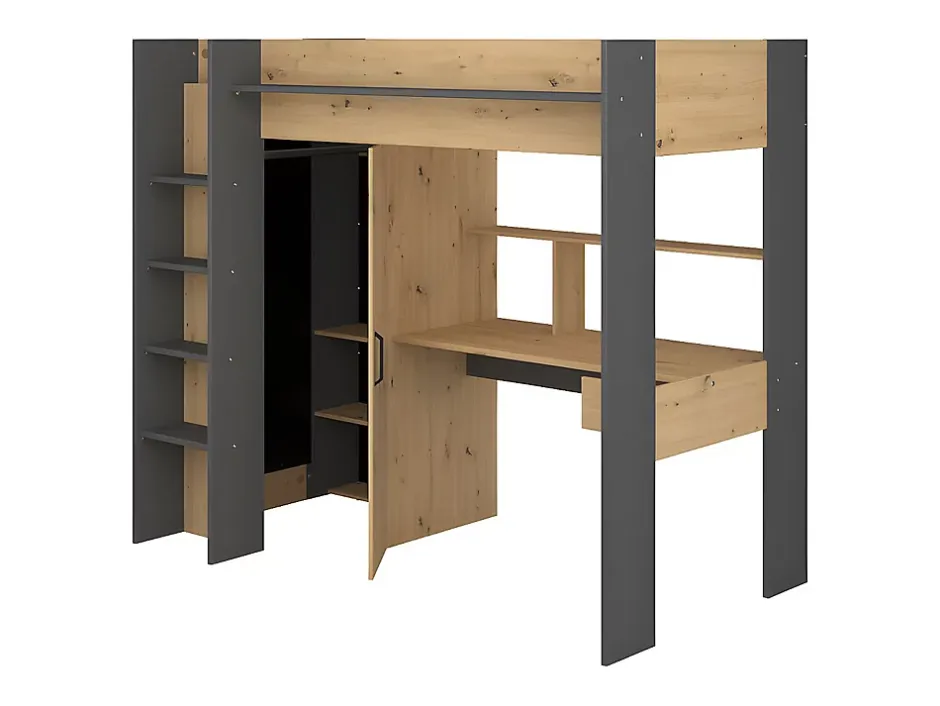 Vente-unique Lit mezzanine avec bureau et armoire - 90 x 200 cm - Coloris : Naturel et anthracite - AUCKLAND Discount