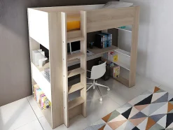 Vente-unique Lit mezzanine avec bureau et rangements intégrés - 90 x 200 cm - Chêne et blanc + matelas - NOAH II Best