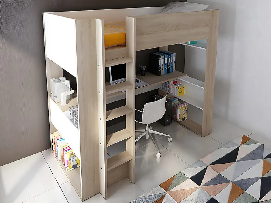 Vente-unique Lit mezzanine avec bureau et rangements intégrés - 90 x 200 cm - Chêne et blanc - NOAH II
