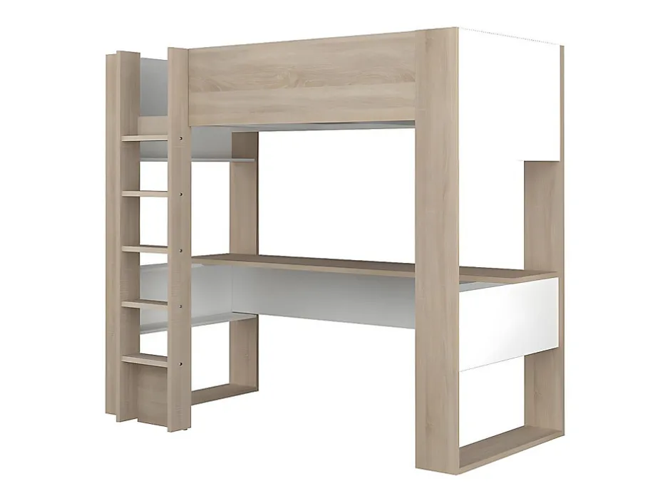Vente-unique Lit mezzanine avec bureau et rangements intégrés - 90 x 200 cm - Chêne et blanc - NOAH II