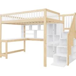Blackcolors Lit mezzanine avec éclairage LED,140x200cm,blanc et naturel, échelle, étagères, bureau Outlet