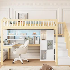 Enfant Blackcolors Lit mezzanine avec éclairage LED et bureau,90x200cm,blanc et naturel,échelle et étagères de rangement