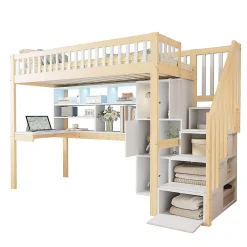 Enfant Blackcolors Lit mezzanine avec éclairage LED et bureau,90x200cm,blanc et naturel,échelle et étagères de rangement