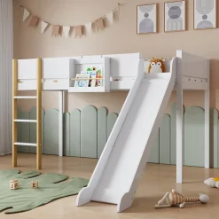 Simple Life Lit mezzanine avec toboggan, échelle droite à 3 marches, étagère amovible, MDF et pin, blanc naturel, 90x200cm Discount