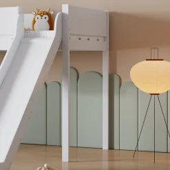 Simple Life Lit mezzanine avec toboggan, échelle droite à 3 marches, étagère amovible, MDF et pin, blanc naturel, 90x200cm Discount