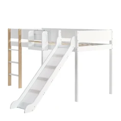 Simple Life Lit mezzanine avec toboggan, échelle droite à 3 marches, étagère amovible, MDF et pin, blanc naturel, 90x200cm Discount