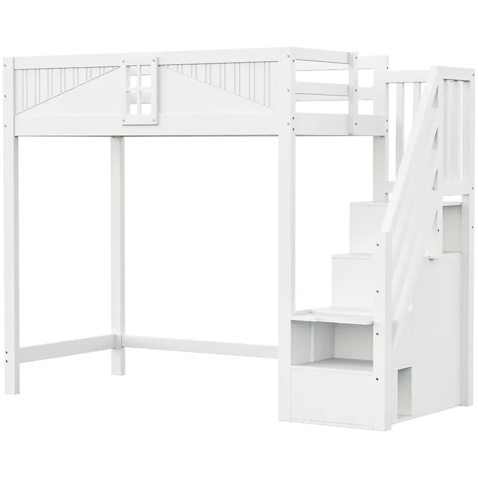 Redom Lit mezzanine bois massif 90 par 200 cm porte securite fenetre escalier interchangeable gauche droite blanc Discount