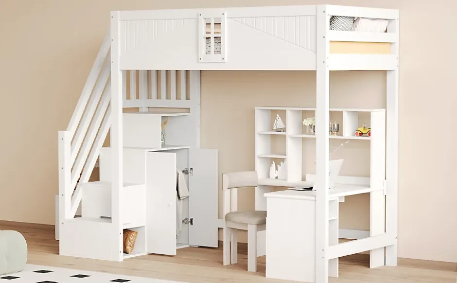 Redom Lit mezzanine bois massif 90 par 200 cm porte securite fenetre escalier interchangeable gauche droite blanc Discount