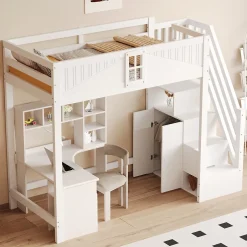 Redom Lit mezzanine bois massif 90 par 200 cm porte securite fenetre escalier interchangeable gauche droite blanc Discount
