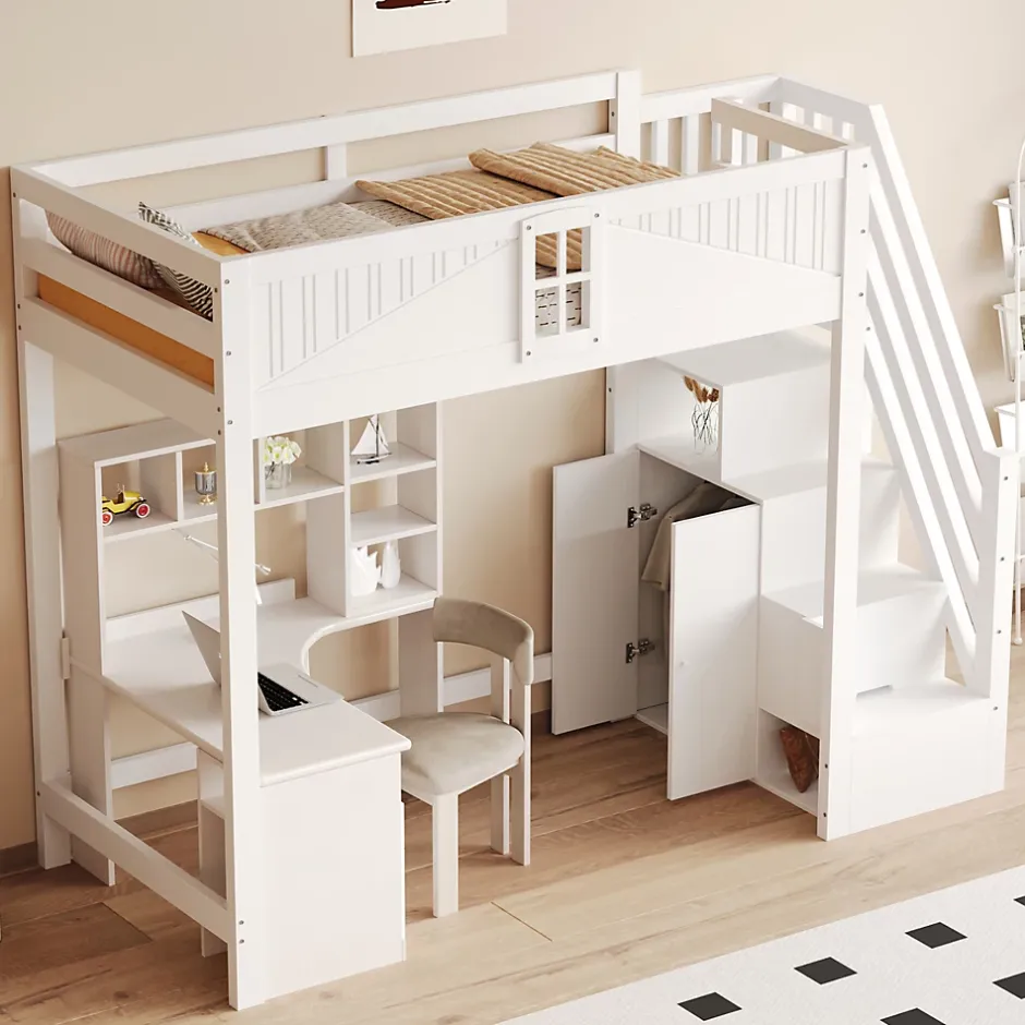 Redom Lit mezzanine bois massif 90 par 200 cm porte securite fenetre escalier interchangeable gauche droite blanc Discount